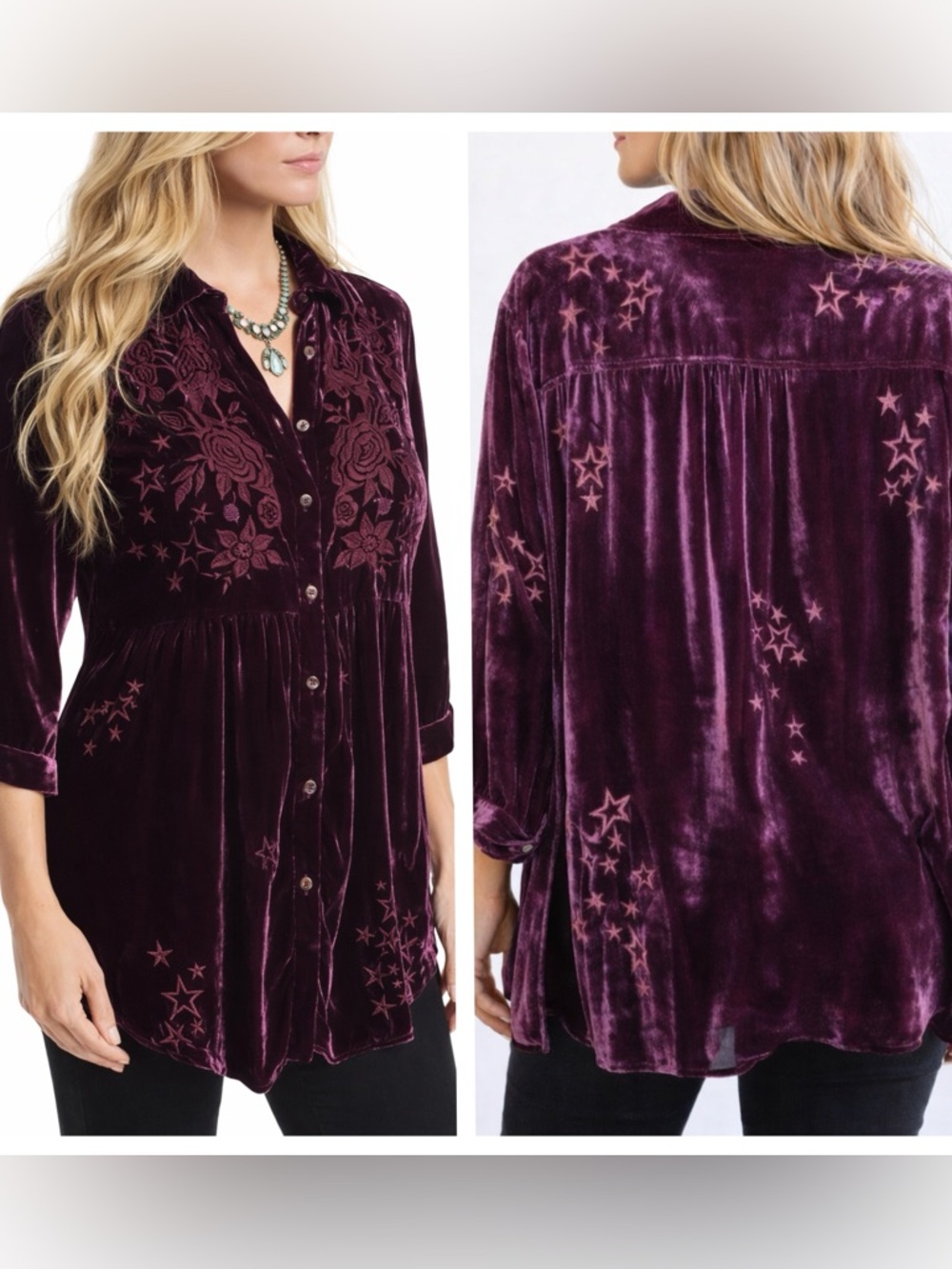 Johnny Was Roberta embroidered velvet smocked  tunic 
NWT